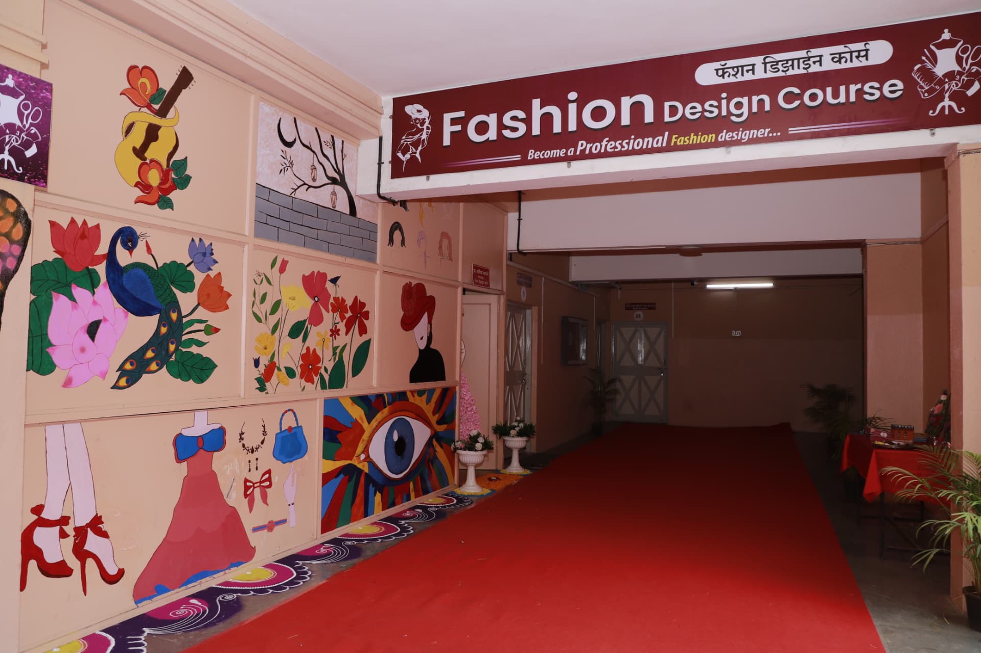 Fashion design course display with student artwork